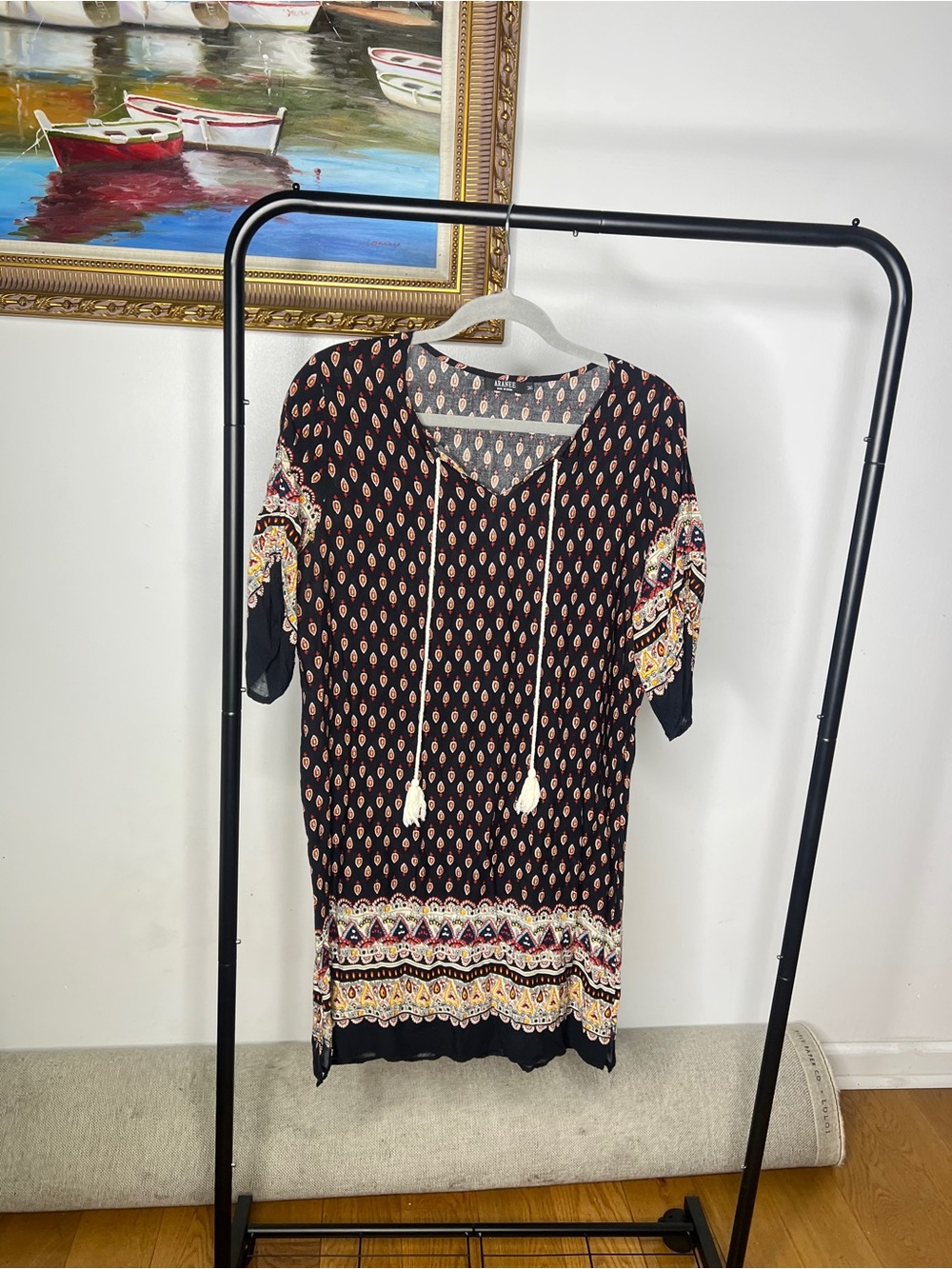 Boho Tassel Tunic Dress in Black and Cream